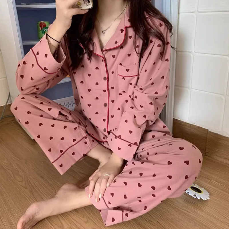 New Ins Loose Casual Pajamas for Women, Simple and Sweet Long Sleeved Cardigan Pjs for Girls, Home Two-piece Pajamas for Women