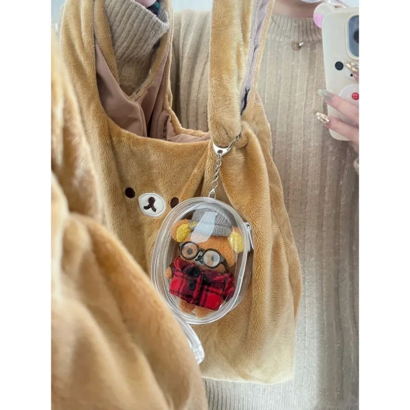 Rilakkuma sacola de pelúcia fofa ursinho bordado sacola de compras elegante bolsa de lã com tema animal bolsa criativa ecológica