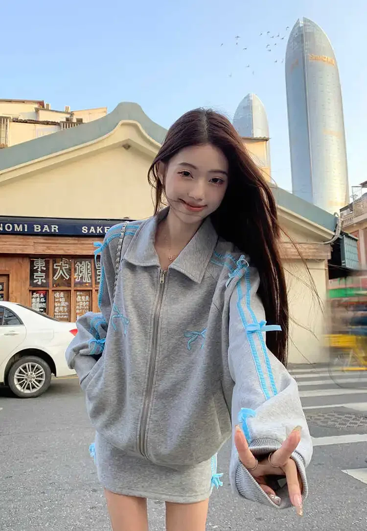 High Quality Sweet Women Cute Bow Striped Sweatshirt Zipper Turndown Collar Jacket Pink Embroidery Sports Hoodie Coat Streetwear