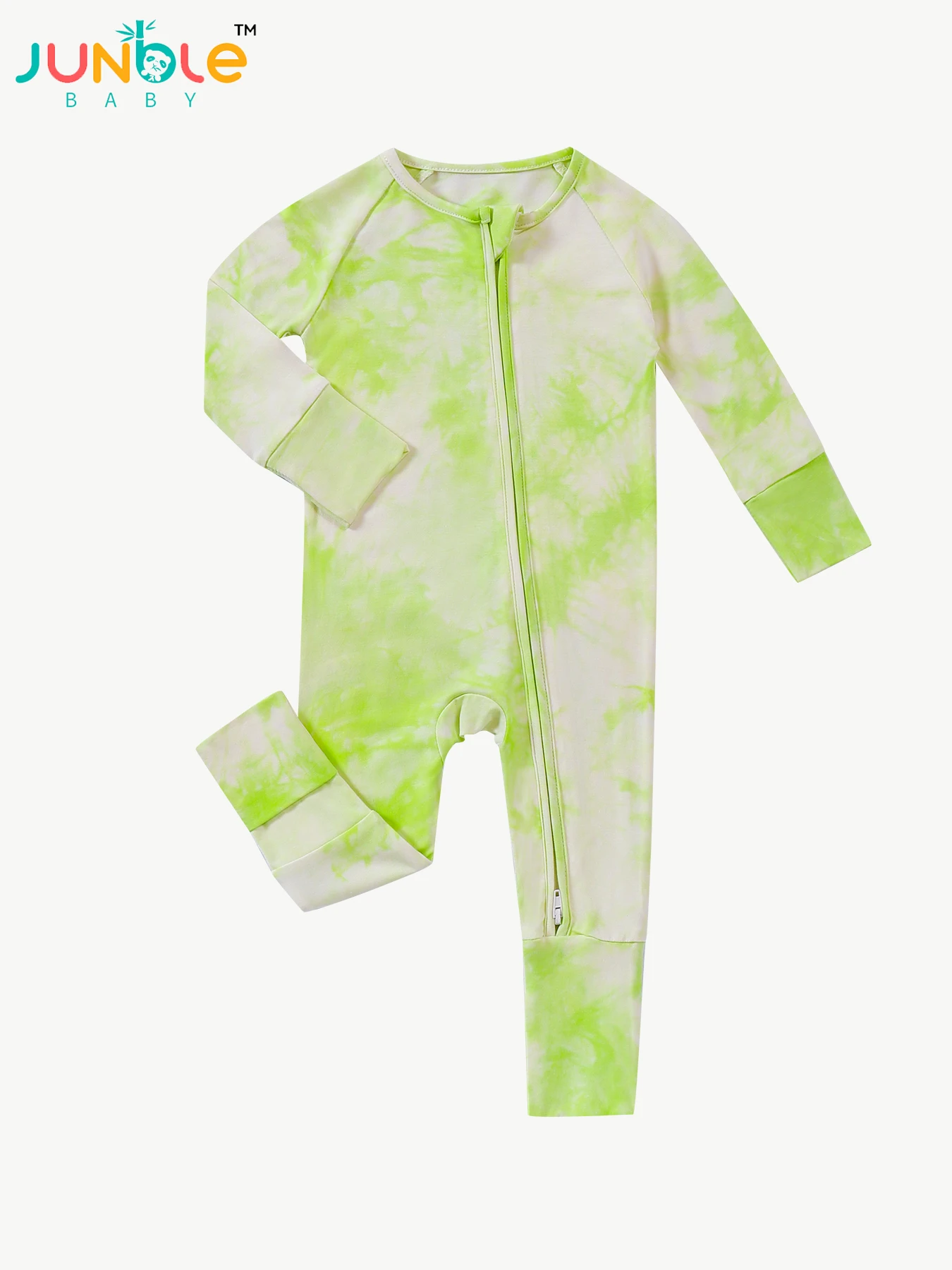 The baby romper of bamboo fiber, soft and thin.  green tie-dye (random), casual, with reversible foot covers & double zippers