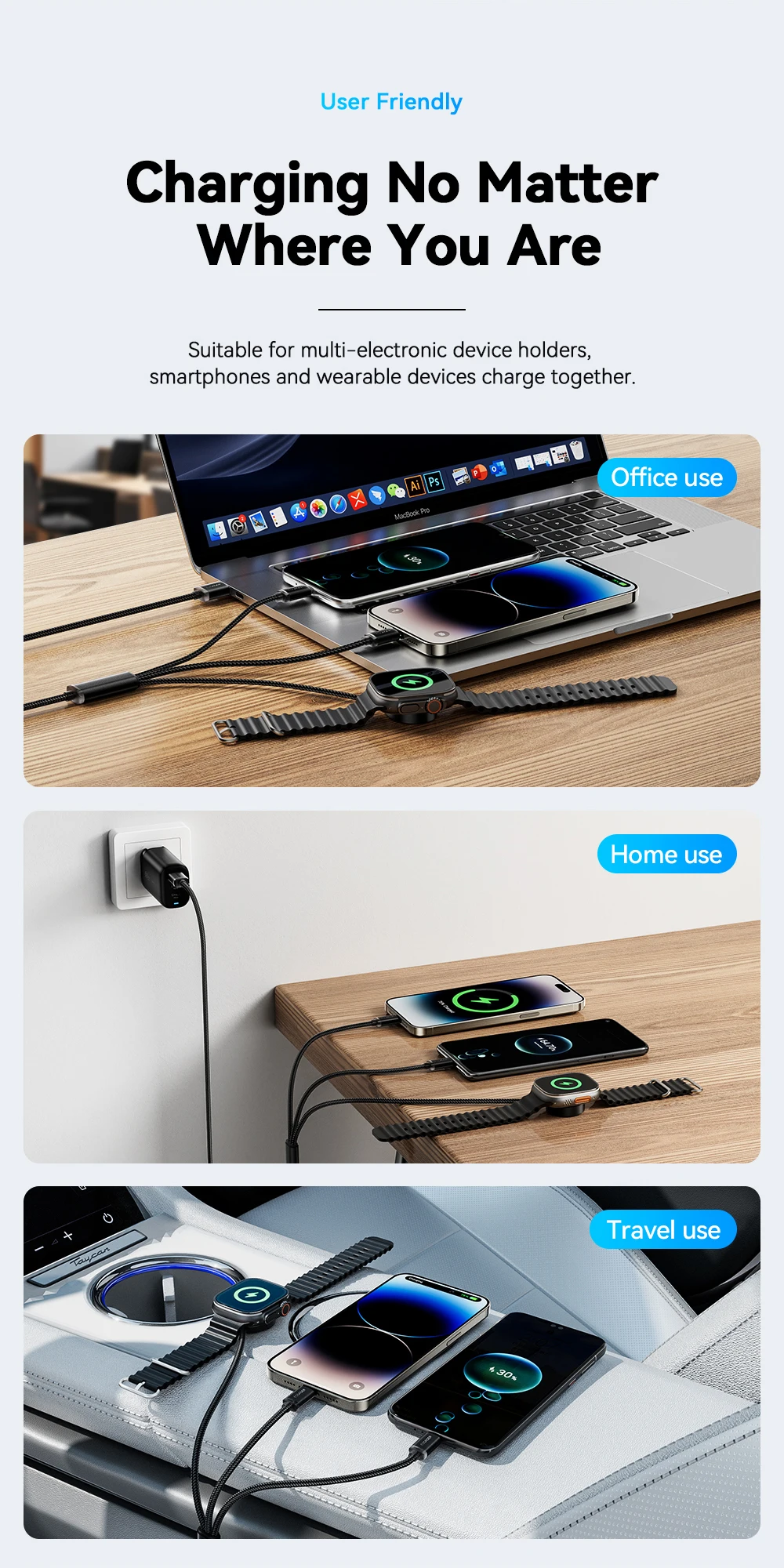 Essager 3 in 1 Multi USB A Charging Cable for Apple iWatch iPhone 16/15/14/13 Pro With USB Type C Lightning Fast Charging Cable