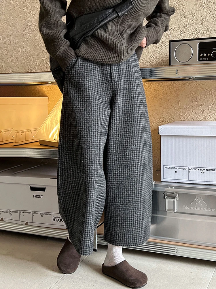 [LANMREM] Plaid Contrast Color Wool Pants For Women High Waist Straight Wide Leg Trousers Office Lady 2024 Winter New 26C1242