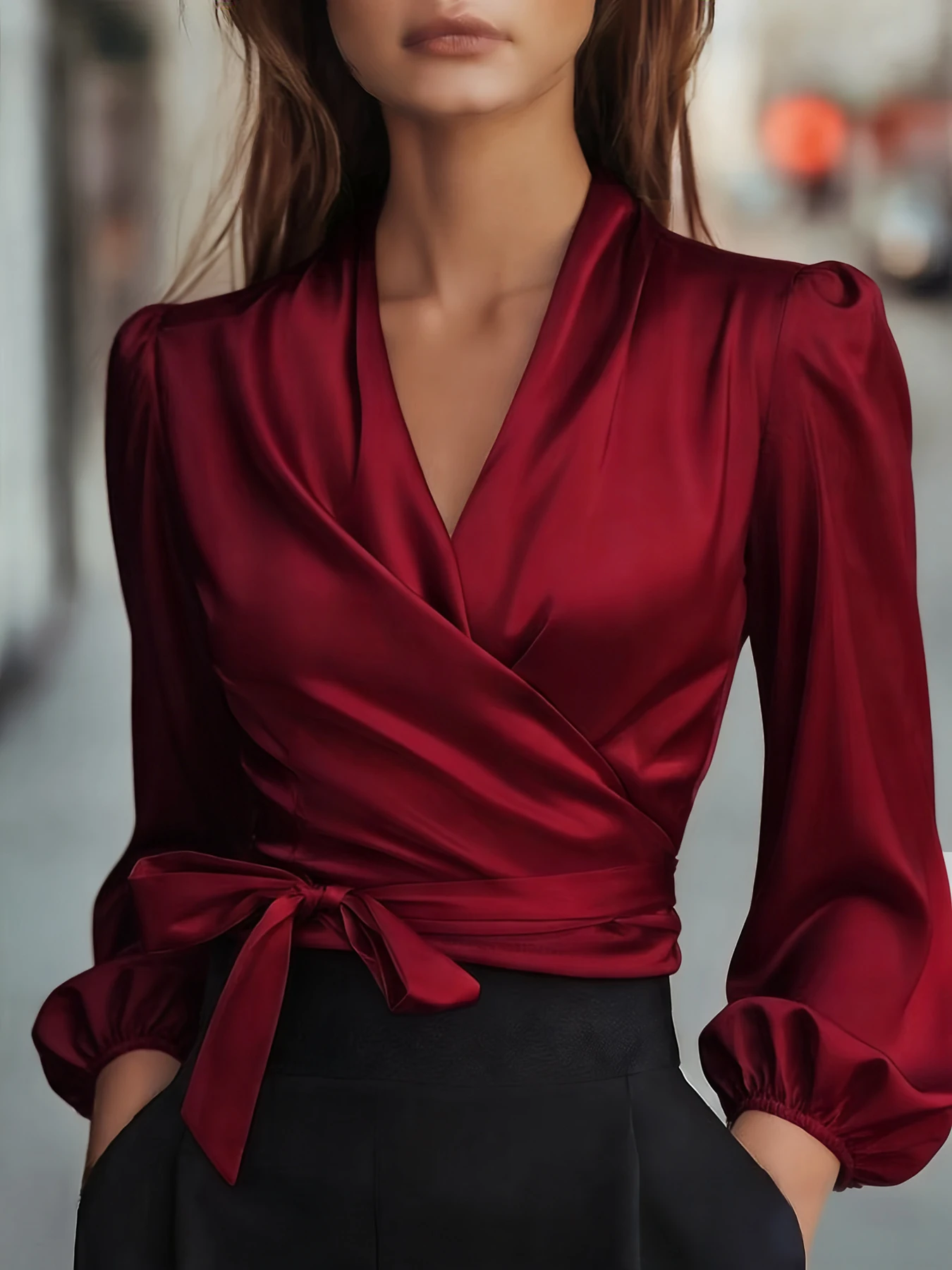 Blusa de satén para mujer con  - Satin Bow Tie reseña y precio