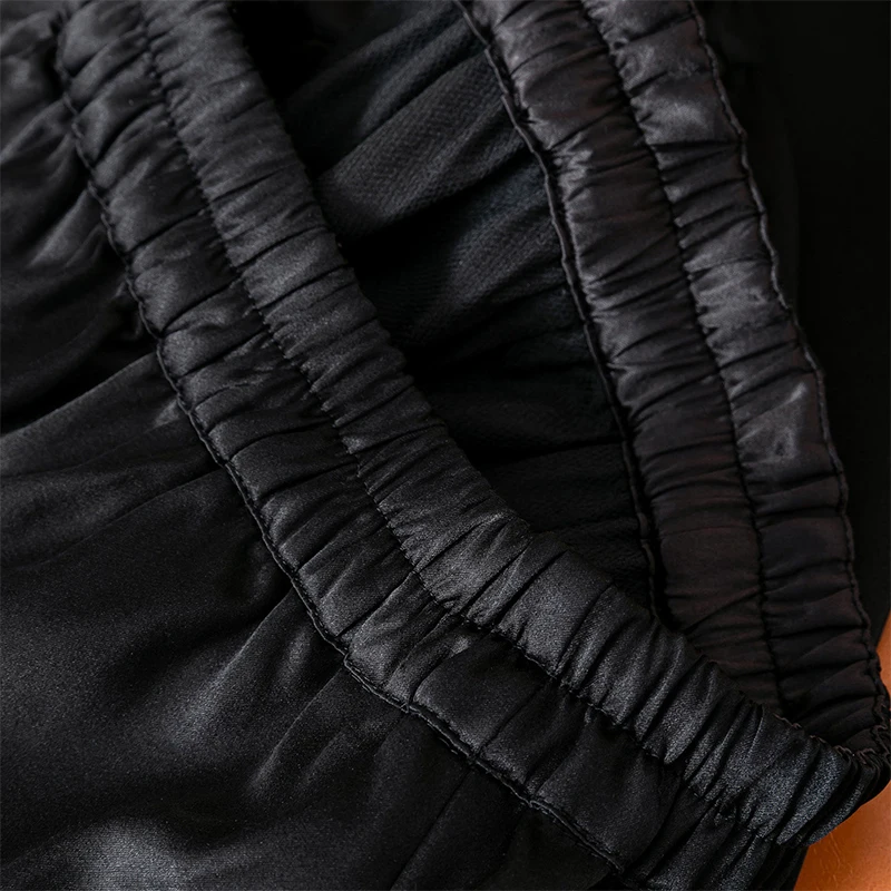 Women Silk Pants 35% Mulberry Silk 65% Wool Solid Black Color Elastic Waist Straight-leg Long Trousers with Pockets Autumn M1832