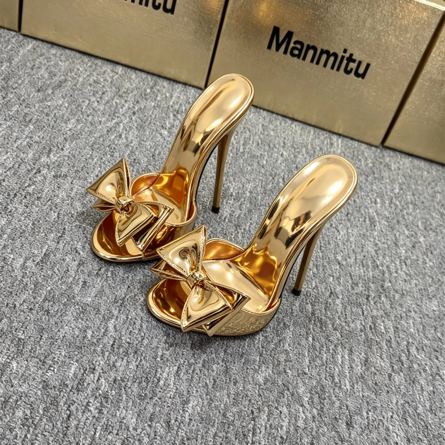 New 12cm Ultra High Metal Heel with Super Large Bow Sweet Gold Cool Slippers Indoor Dragging Sister Style Large Size 33-46