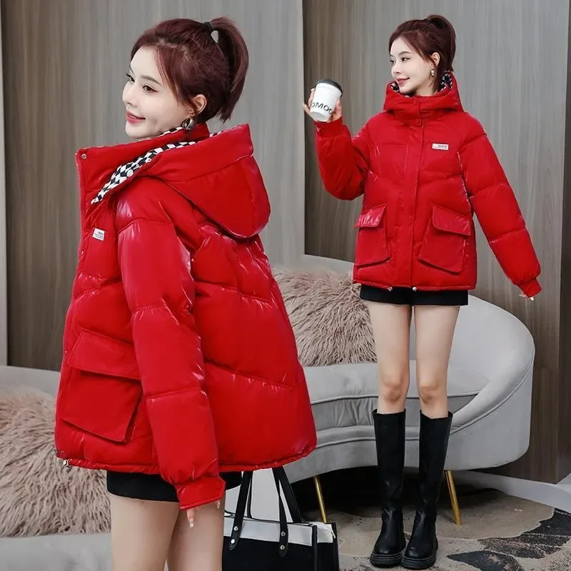 Bright Face Wash-Free Down Cotton-Padded Coat Women's Outwear Winter New Loose Thick Warm Parka Chessboard Hooded Bread Coat