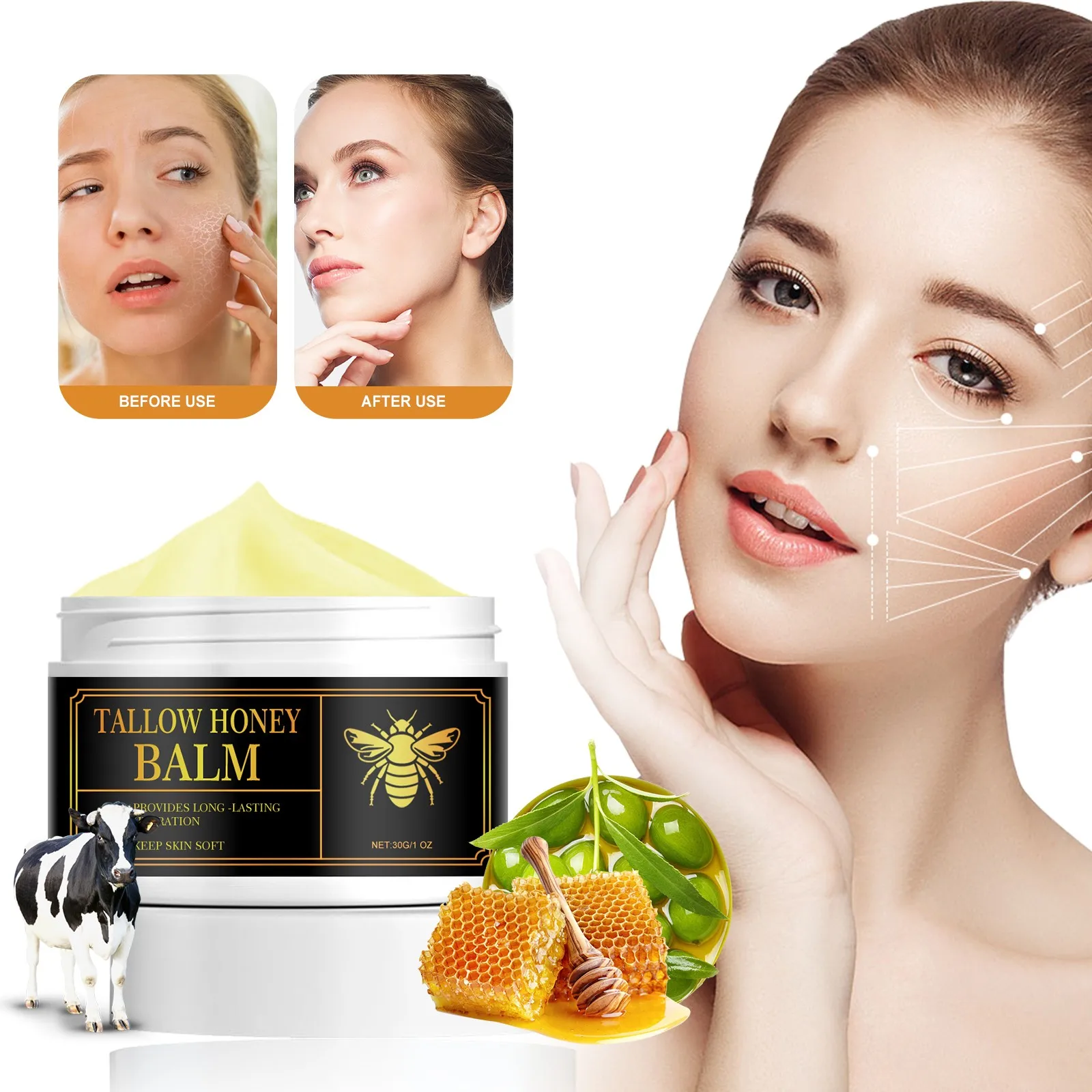 Bálsamo de sebo de ternera alimentado por hierba orgánica con pasta hidratante de miel para una piel suave y Lisa, hidratante totalmente Natural hecho a mano