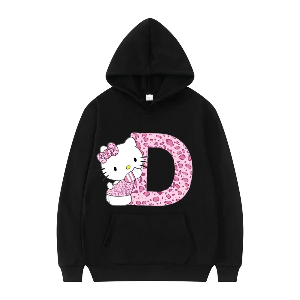 2024 Black Hello Kitty Letter A-Z Woman and Men Long-sleeved Hoodies Sanrio Hoodies Clothes Cartoon Clothes Kawaii Birthday Gift