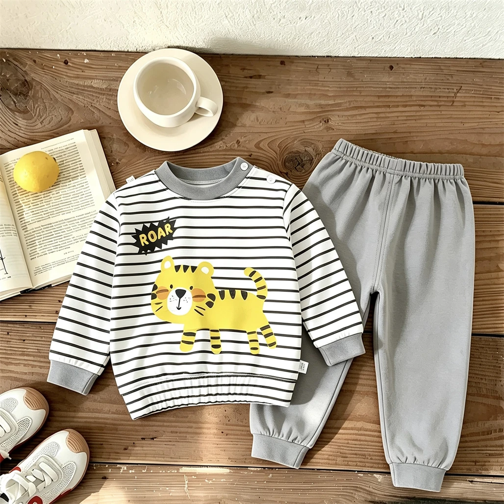 Frühling Herbst Unterwäsche 2-teiliger Pyjama für Babys Jungen Mädchen Lässiger Pyjama für Kleinkinder Neues Cartoon-Tier-Print Heimkleidung – Detail 4