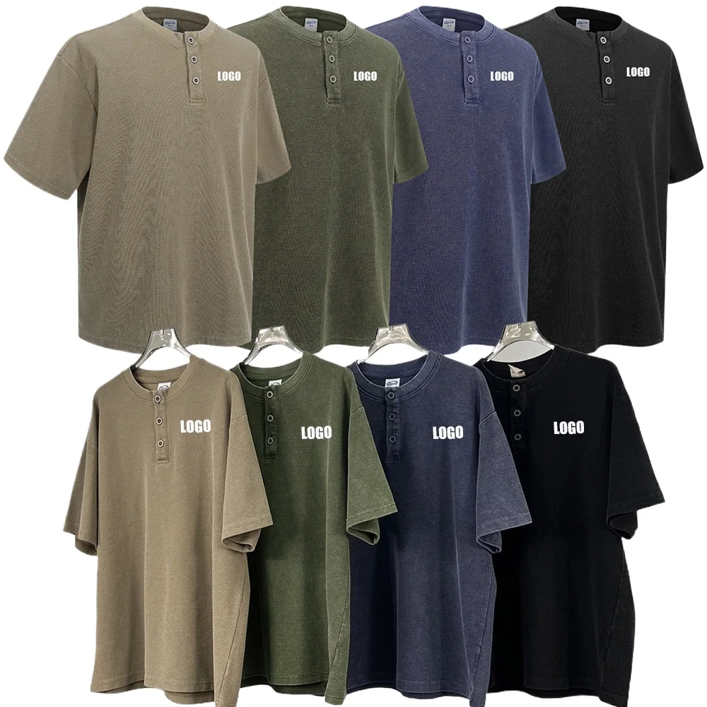 Custom LOGO men's summer new 325g heavy cotton polyester waffle collar short sleeve batik washing water old retro short sleeve