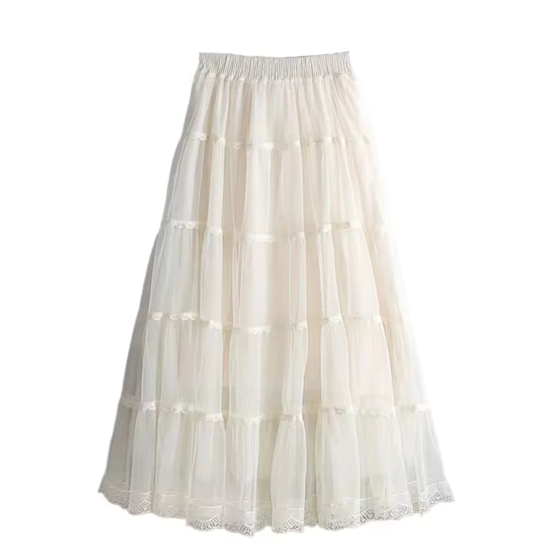 Lace Patchwork Pleated Midi Long Skirt Women 2026 Spring Summer Elegant High Waist Casual Skirts