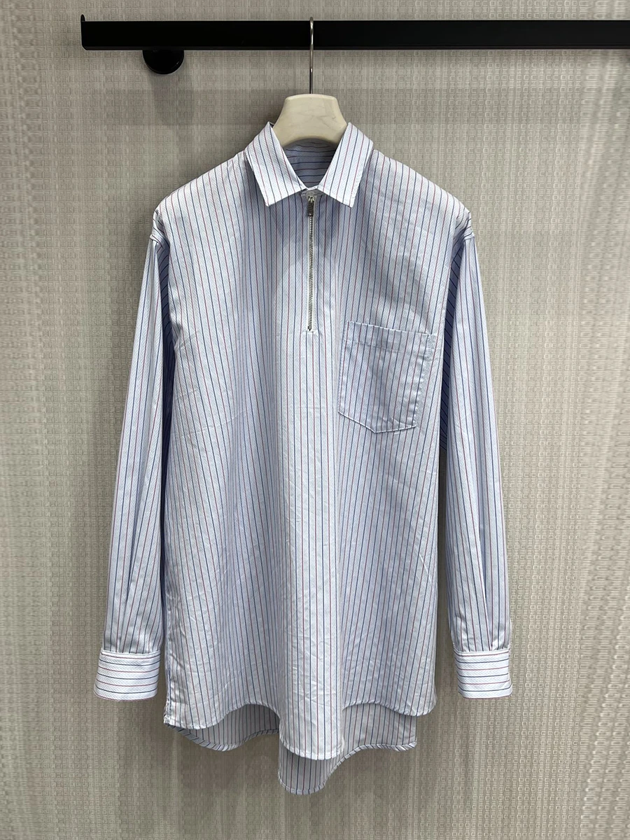 SDLR Spring Summer 2026 Long Half Zip Loose Women's Shirt Casual Style Cotton Stripe Pattern Comfortable Breathable