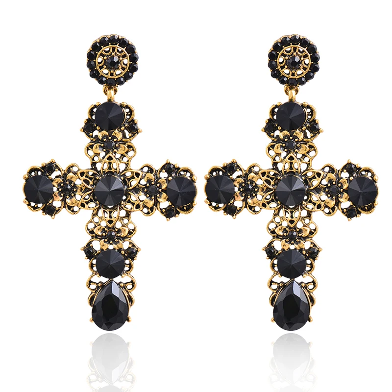 LEEKER Vintage Black Cross Drop Earrings for Women Antique gold color Fashion Jewelry Accessories Cubic Zirconia earring 380 LK6