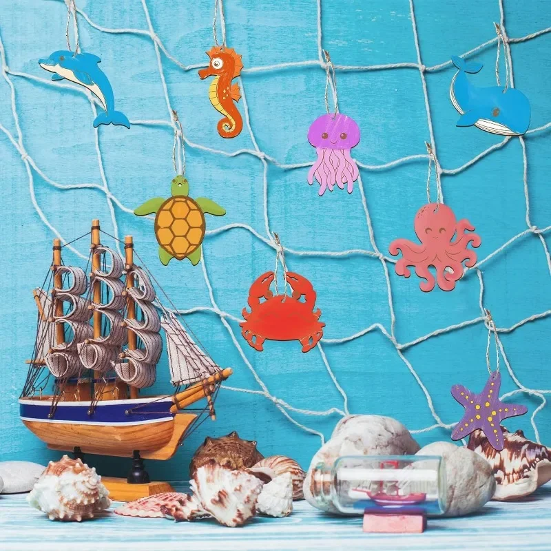 10pcs Wooden DIY Sea Ocean Animals Ornaments Seahorse Unfinished Wood DIY Craft Starfish Octopus Turtle Crab Whale Wood Crafts