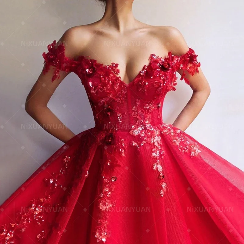 Red Off The Shoulder Prom Dresses 2023 Women Formal Party Night Vestidos a-line Appliques paillettes Tulle eleganti abiti da sera