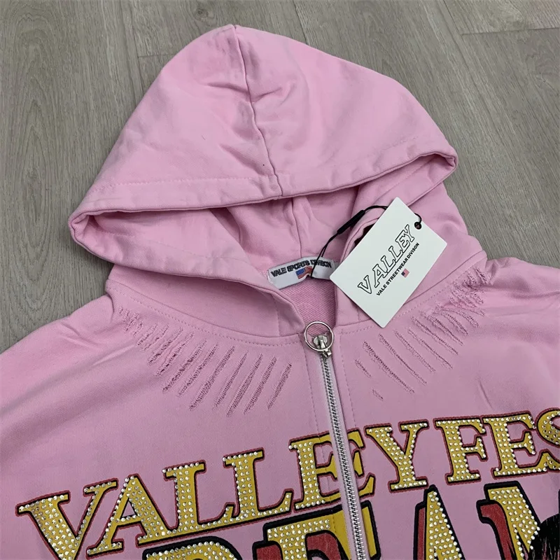 VALLEY Sudaderas con capucha para hombre Logo de diamante caliente Algodón puro Rosa Vale Lady Retrato Estampado Chaquetas con cremallera