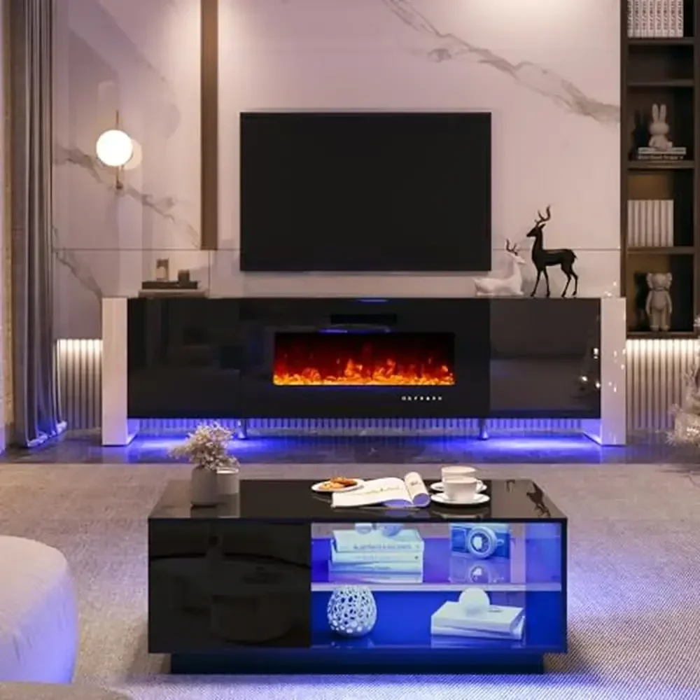 Glossy TV Stand with Electric Fireplace & LED Lights Coffee Table Set Living Room Decor