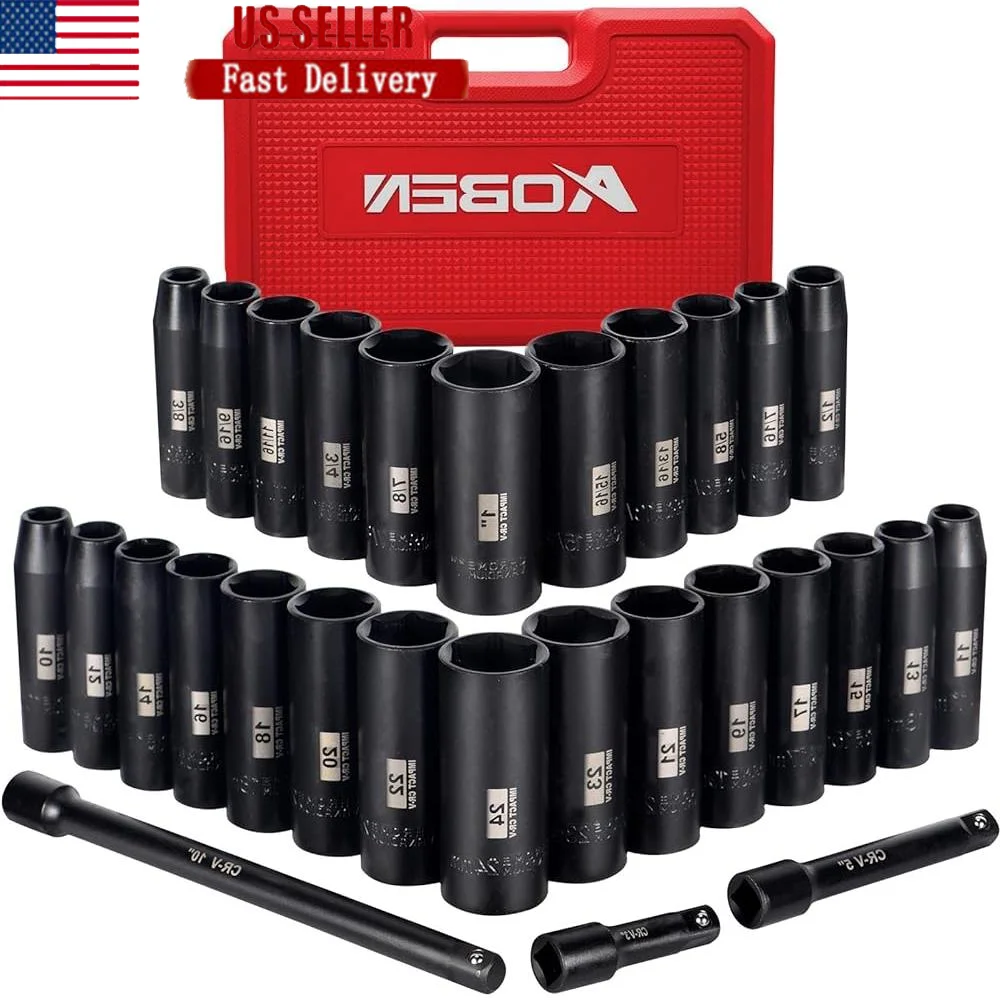 29 Pieces Impact Socket Set 1/2-Inch Drive Cr-V Steel SAE Metric 6 Point Deep Durable Manganese Phosphate Coating High Contrast