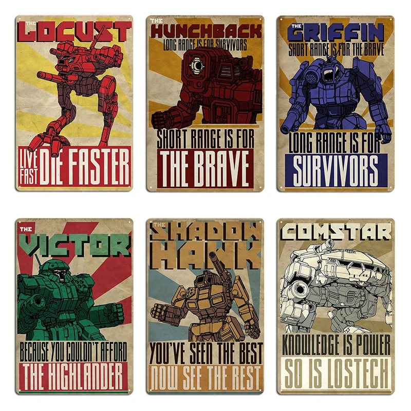 Battletech 'Mechs: The Locust Hunchback Griffin Shadow Hawk Metallschild Dekoration Wohnzimmer Design Club Blechschild Poster