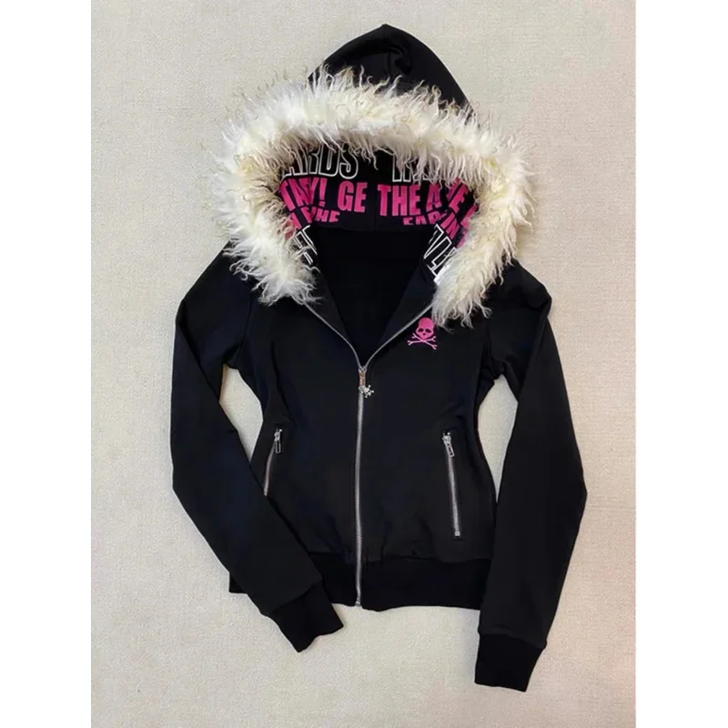 

Slim Fit Warm Fur Collar New Winter Sweatshirts Zip Up Solid Skulls Printed Gothic Cotton Hoodies Y2k Harajuku Oversieds Tops