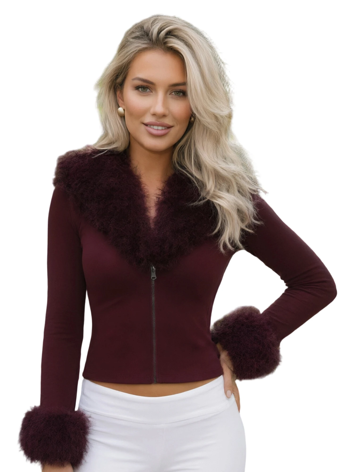 Women s Zip Up Crop Jacket Faux Wool Long Sleeve V-Neck  Fit Tops