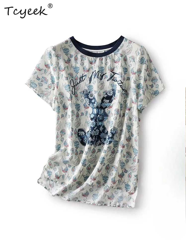 

AYUNSUE 100% натуральная шелковая футболка из тутового шелкопряда для женщин, элегантные футболки, летняя одежда, новый стиль, женские топы с круглым вырезом и принтом, женский топ