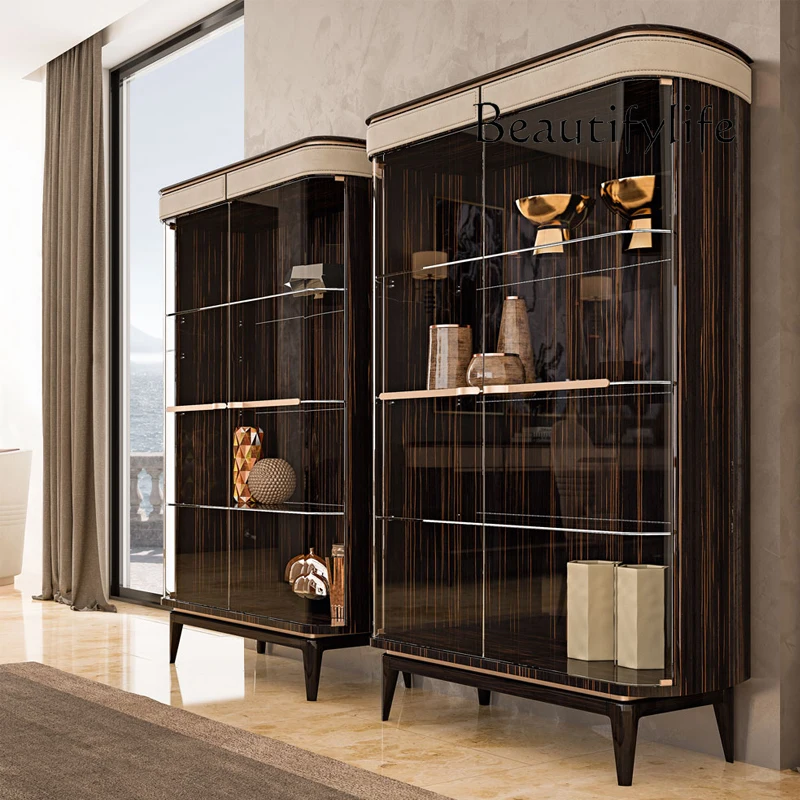 Italian-Style Light Luxury Ebony Wine Cabinet Arc Glass Locker Floor Bright Display Cabinet