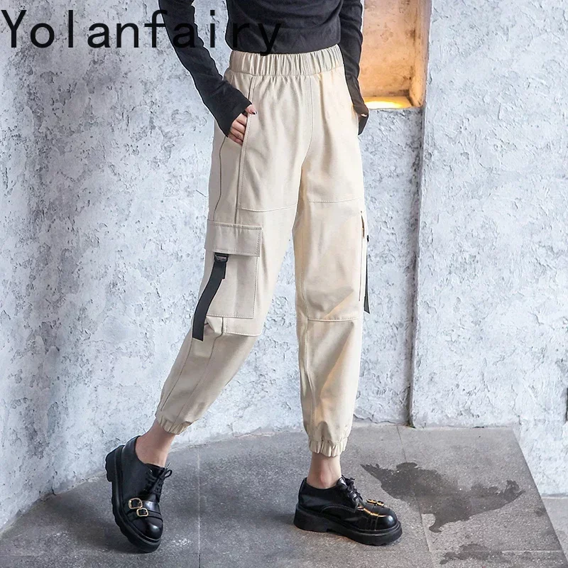 Genuine Leather Real Sheepskin Pants Women 2023 Harem Pants Women Elastic Waist Loose Korean Style Cargo Pants Women