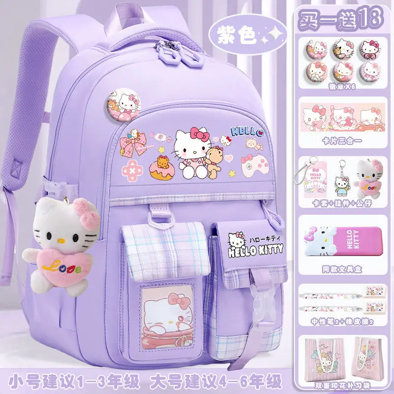 Sanrio tas sekolah Hello Kitty pria dan wanita, ransel pelindung tulang belakang anak ringan, tas punggung dua bahu lucu untuk pelajar pria dan wanita