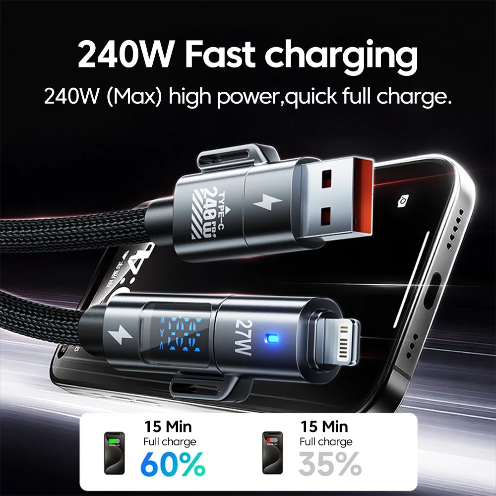 240W 4 in 1 USB C Fast Charging Cable 1.5m LED Digital Display Type C to Type C Data Cable For iPhone 15 16 Samsung Xiaomi Poco