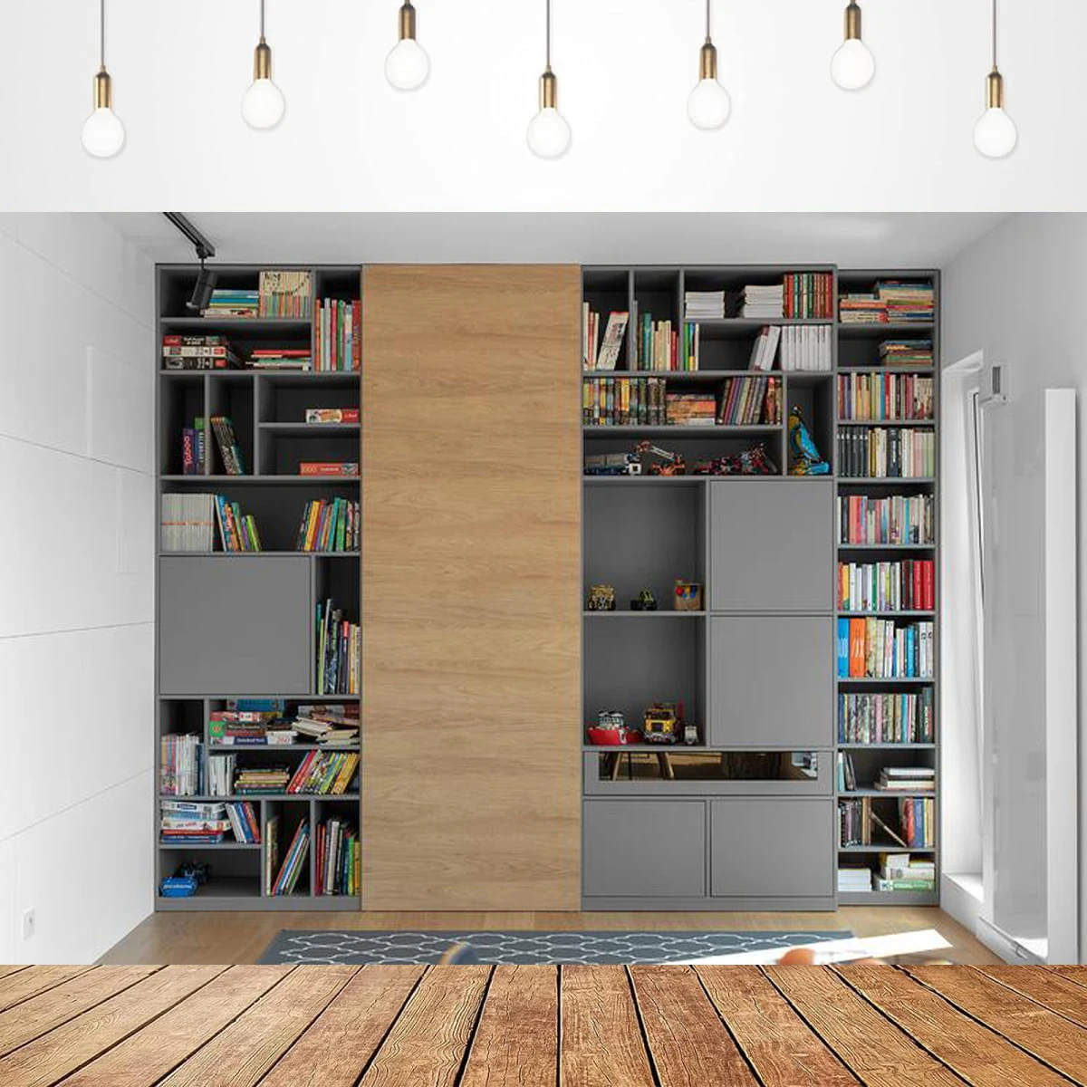 Home Office Background For Zoom - Fotografie-Hintergrund, modernes Zimmerinterieur, weißes Bücherregal, Home-Office-Hintergrundwand