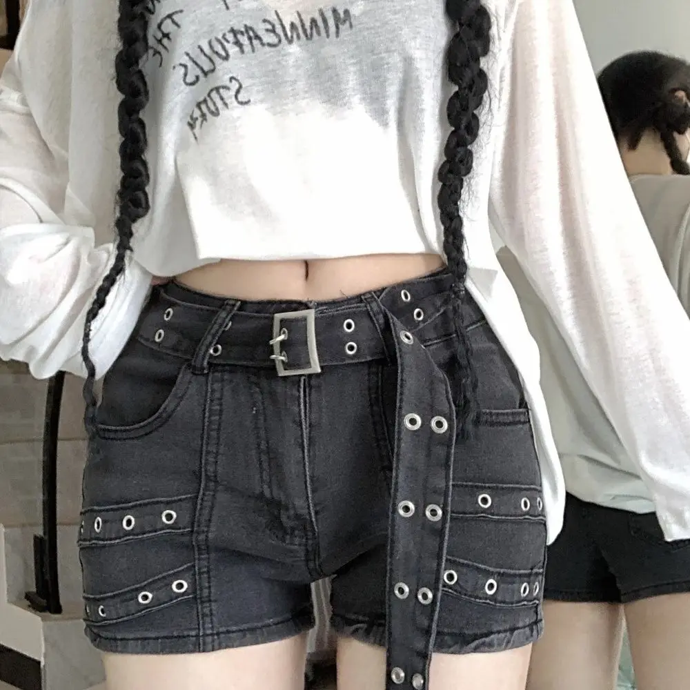 

Черные джинсовые шорты в стиле ретро, женские шорты с высокой талией и лентой Y2k, джинсы, шорты с поясом
