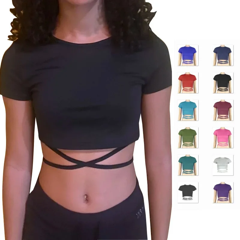 

Sexy Cross Bandage Bare Midriff Short T Shirt Women Bottoming Shirt Ladies Tee Shirt Tops Camisetas Mujer