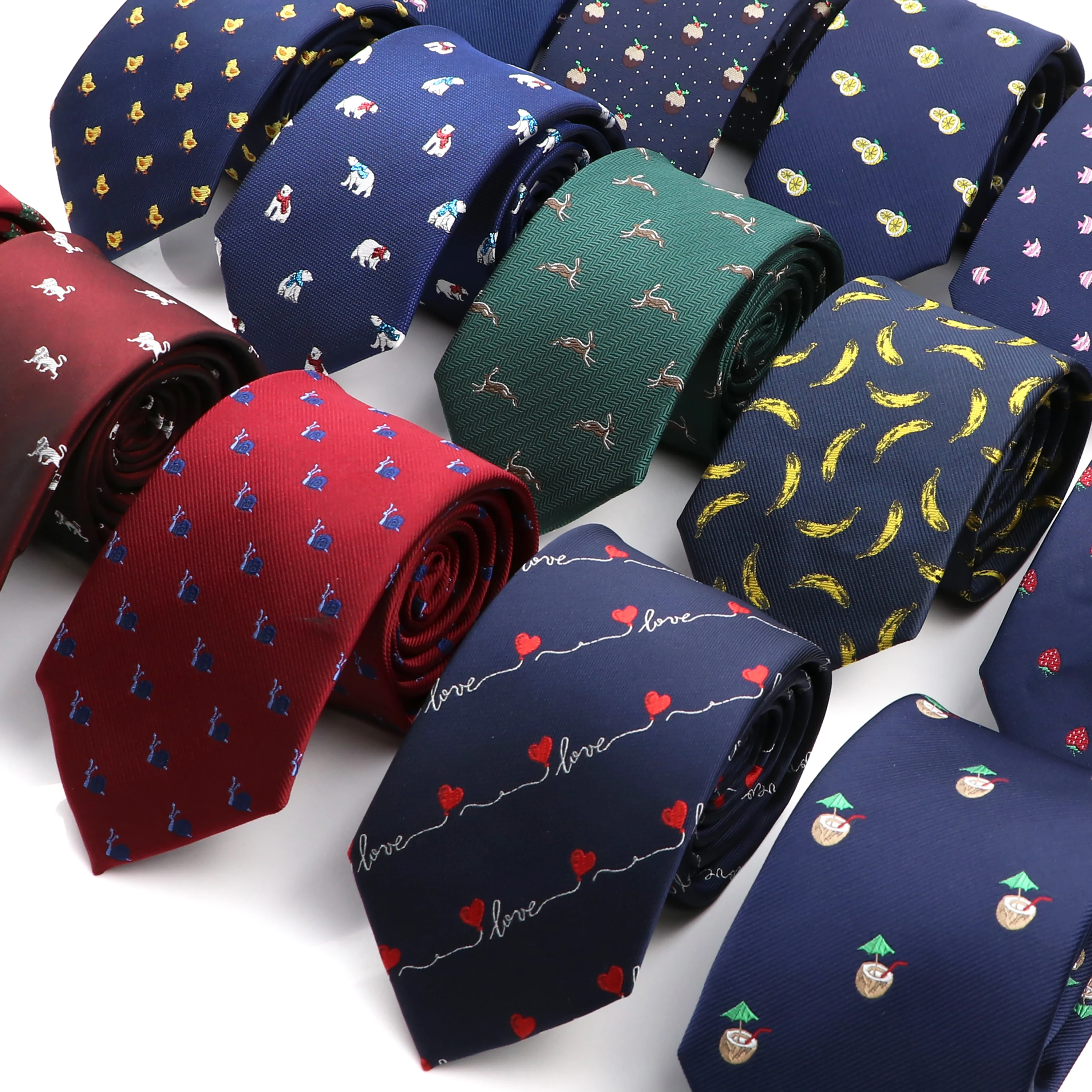 Novelty Men's Skinny Ties Animal Fruit Patten Red Blue Jacquard Neckties For Wedding Party Business Suits Daily Wear Cravat Gift