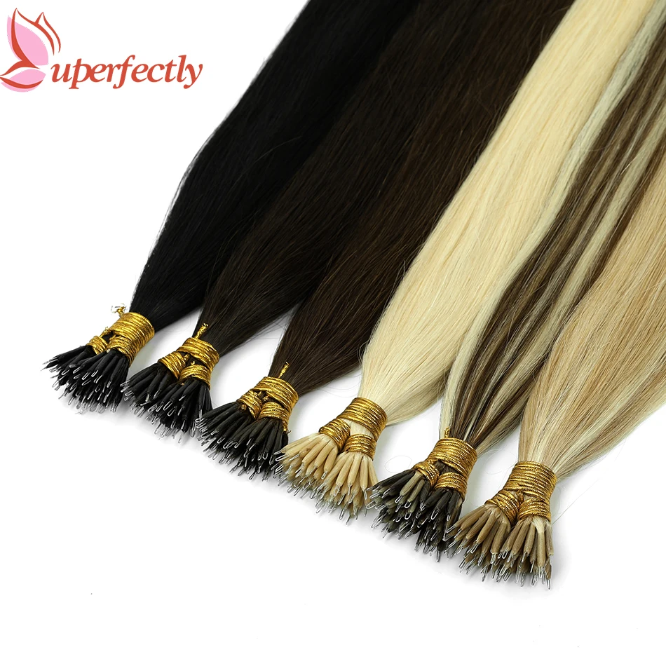 Uperfctly Remy Hair Nano Ring Micro Beads Real Remy Brown European Human Hair Extensions Highlights 14-26Inch Fusion Hair