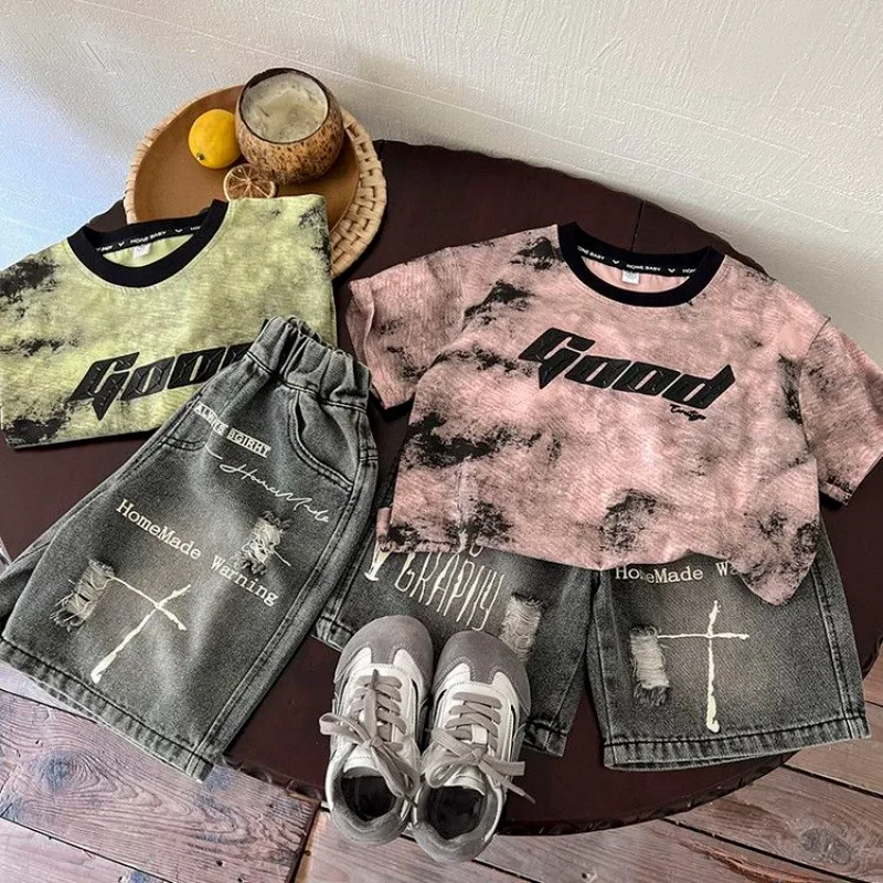Children's Summer Set Boys 2026 Fashionable Pure Cotton Tie Dyeing New Short Sleeve T-shirt+Grey Hole Shorts Two Piece Set Baby