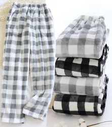 Comfortable Winter Thick Plaid Men's Flannel Pajama Pants  High Waist Loose Casual Straight Big Size  Fleece Warm Home Trousers