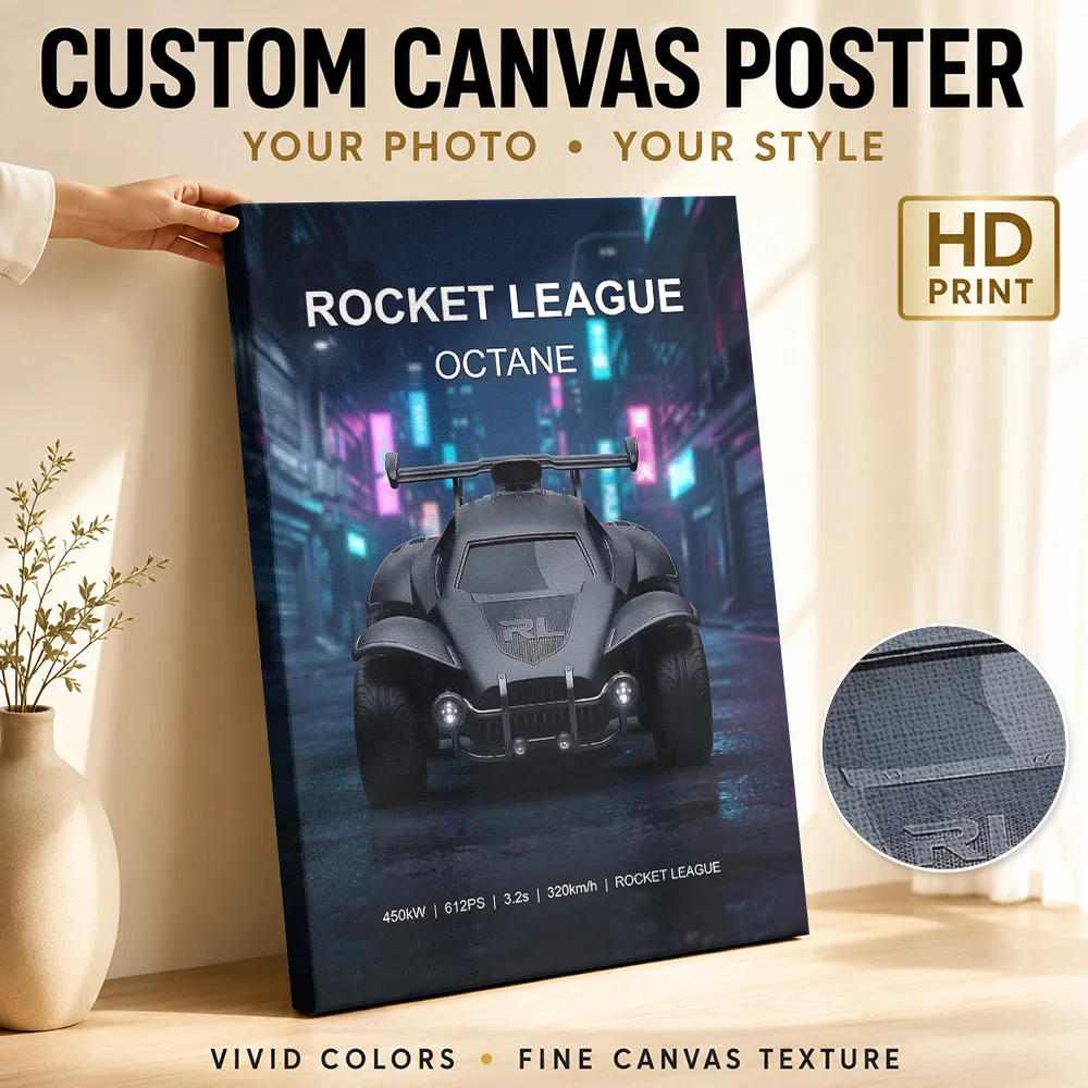 Rocket League Octane In Neon City Framed Canvas Print Personalized Photo Cyberpunk Lighting Wall Art For Game Streaming Studio