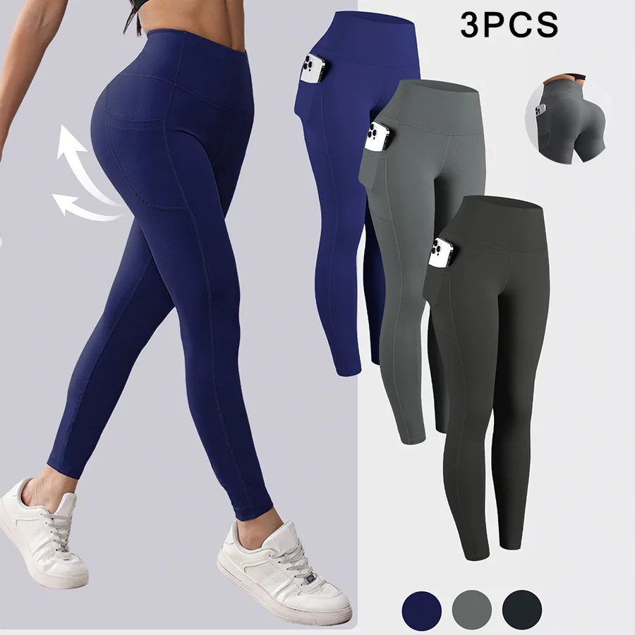 

3PCS Women Leggings with 2 Pockets Solid Color Tummy Control Fitness Tights Elastic Outdoor Workout Sports Leggings Casual Wear