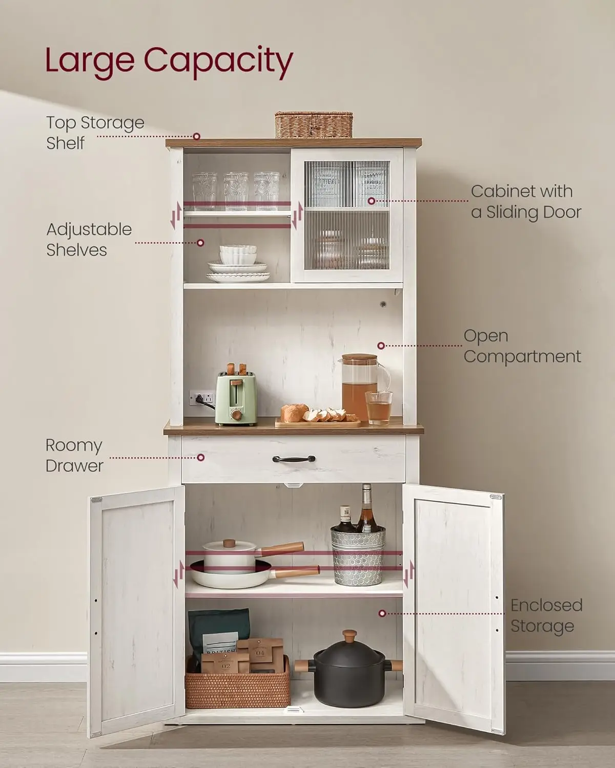 خزانة مخزن المطبخ مقاس 71 بوصة مع أضواء ومحطة شحن، وخزانة بار القهوة مع أبواب ودرج، ونمط المزرعة، قابل للتعديل