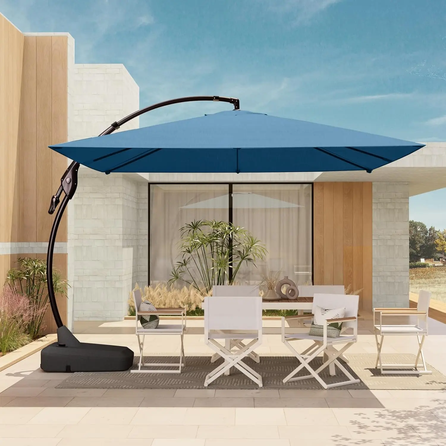 10X10 FT Sunbrella Offset Umbrella with Base Outdoor Square Aluminum Cantilever Umbrella with Easy Tilt Adjustment