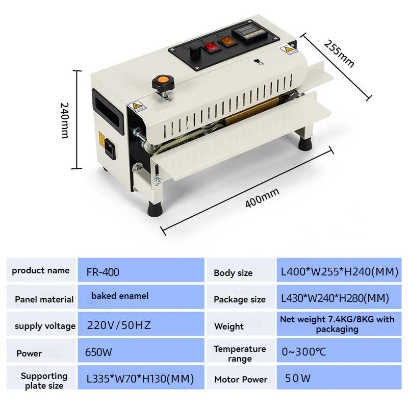 FR-400 Horizontal Auto Continuous Bag Sealing Machine Plastic Bag  Sealing Machine Sealer Electric Bag Sealer Date Printing