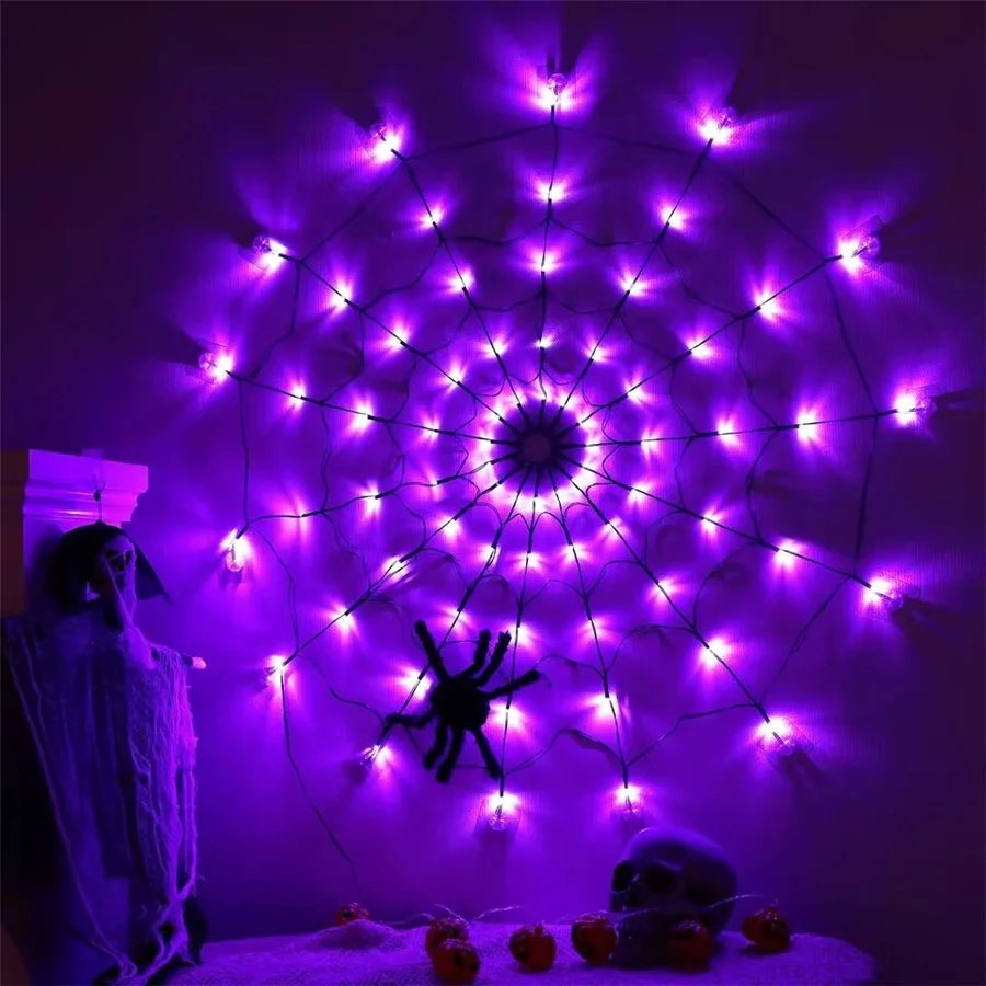 Halloween Decoration 70LED Spider Mesh String Lights Outdoor Waterproof Remote 8 Modes Horror Net Lamp for All Saints' Day Party