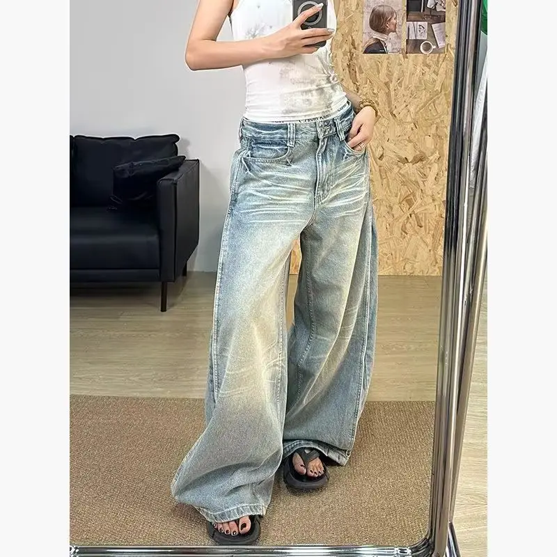 

Американские ретро новые женские джинсы с высокой талией, свободные модные уличные женские джинсы, синие простые базовые шикарные прямые брюки, женские