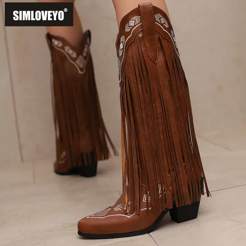 

SIMLOVEYO 2025 Fashion Western Boots for Women - Round Toe 7.5cm Block Heels Slip-On Embroidery Extended Sizes 48 Vintage Style