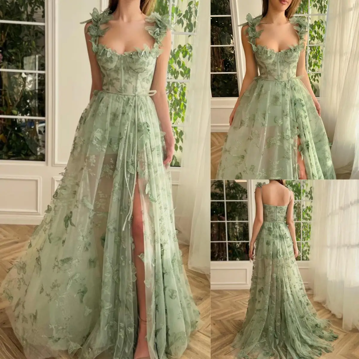 personalizado 14705 #   Vestido de fiesta de mariposa verde salvia elegante escote corazón flores 3D hasta el suelo vestido de fiesta de noche vestido de fiesta de cumpleaños