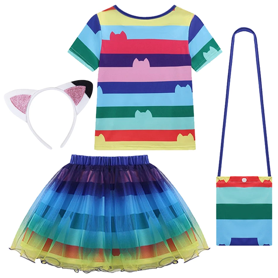 Kid Gabby Cosplay Doll House Dress Up Outfits Summer Cute Striped T-shirt Mesh Skirt Clothes Suits Girls Role Play Birthday Gift