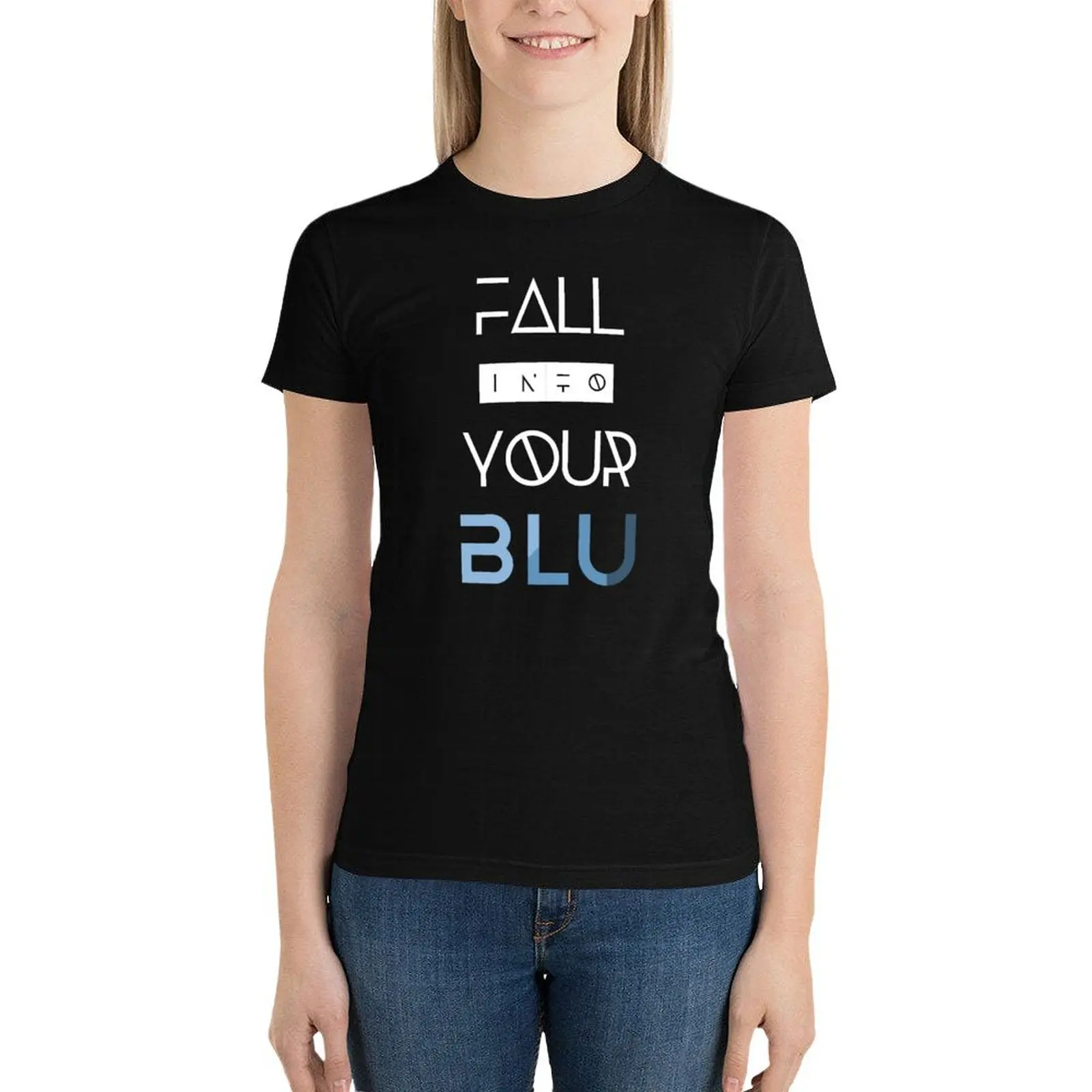 Camiseta con texto en blanco BLU para mujer, tops de verano de gran tamaño, Camiseta de algodón