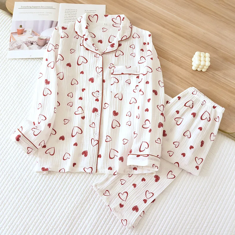 2026 New Japanese Women's Spring and Autumn Pajama Set 100% Cotton Crepe Collar Love Long Sleeve Pants Fresh Home Two Piece Set