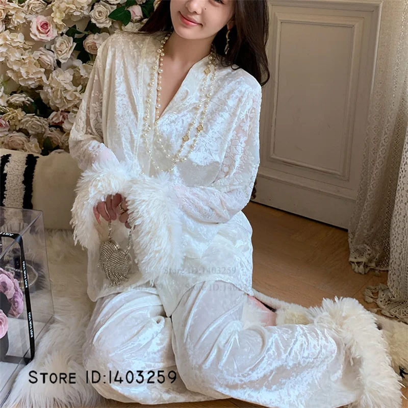 

Роскошный бархатный пижамный комплект во французском стиле, элегантная женская одежда для сна, домашняя одежда, сексуальный кардиган с длинными рукавами, халат, пижамный костюм, одежда для дома